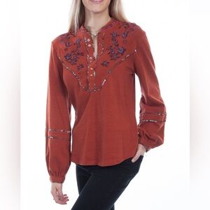 NWT Honey Creek by Scully Womens Rust Cotton Blend Embroidered Yoke L/S Blouse